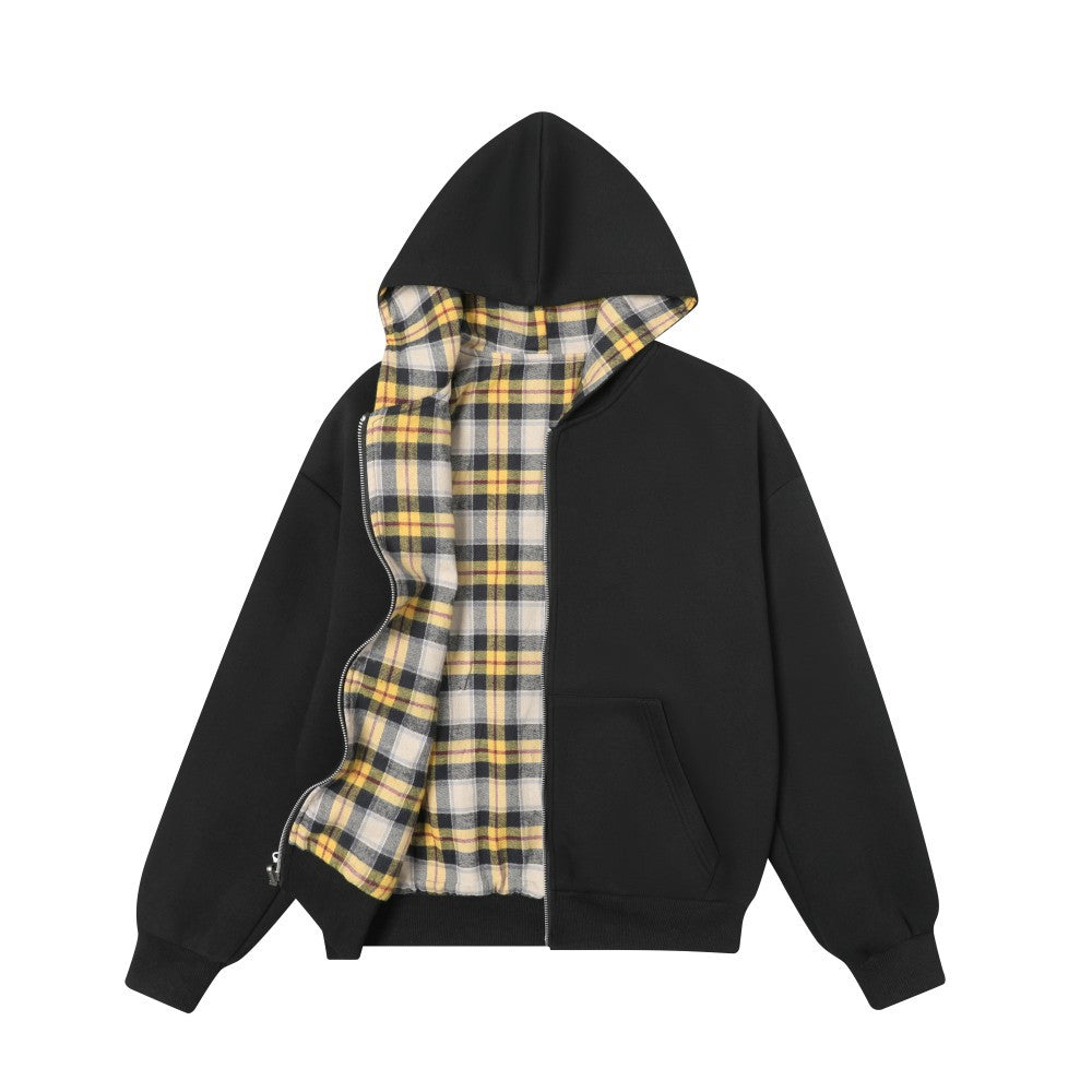 Modish Street Style Yellow Plaid Two-Way Wearing Zip-Up Hoodie Sweatshirt