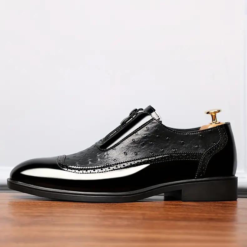 Embossed zipper pointed men's shiny leather Chelsea men's single shoes