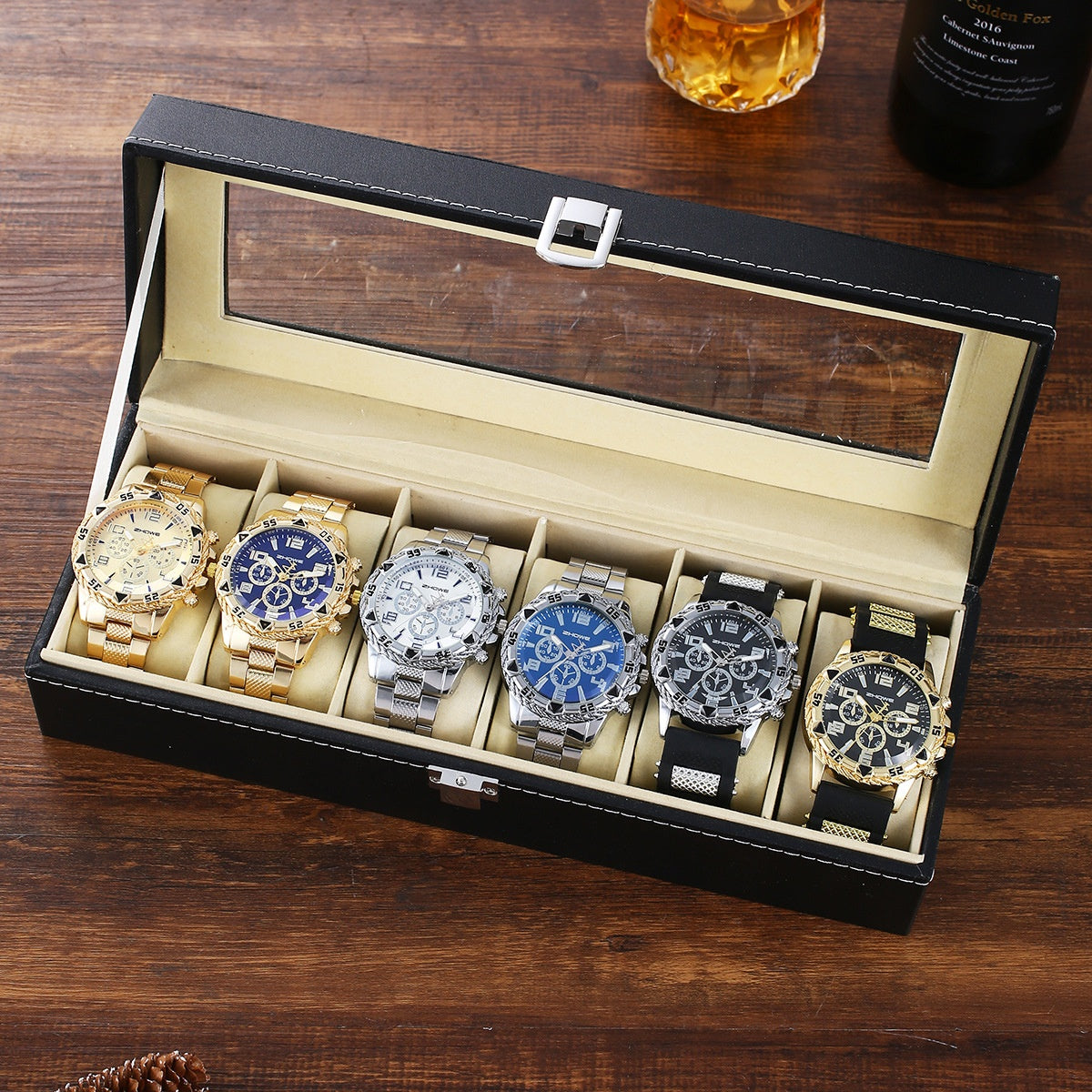 Six-Piece Boxed Watch Men's Steel Band Fashion Party Dress Watch Men's Gift