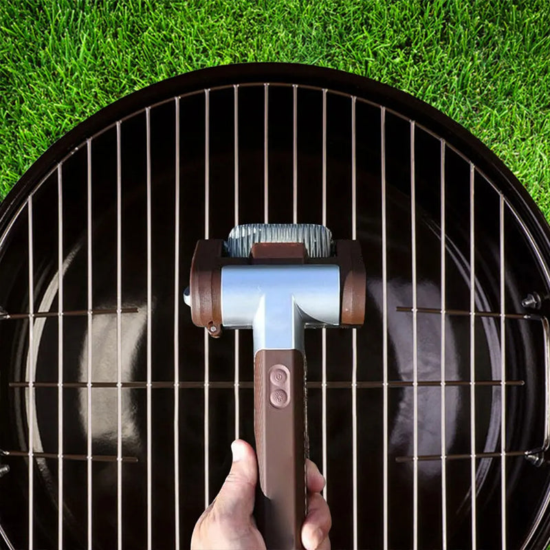Rechargeable electric roller grill brush, stainless steel, replaceable heads, home cleaning tool, barbecue accessory.