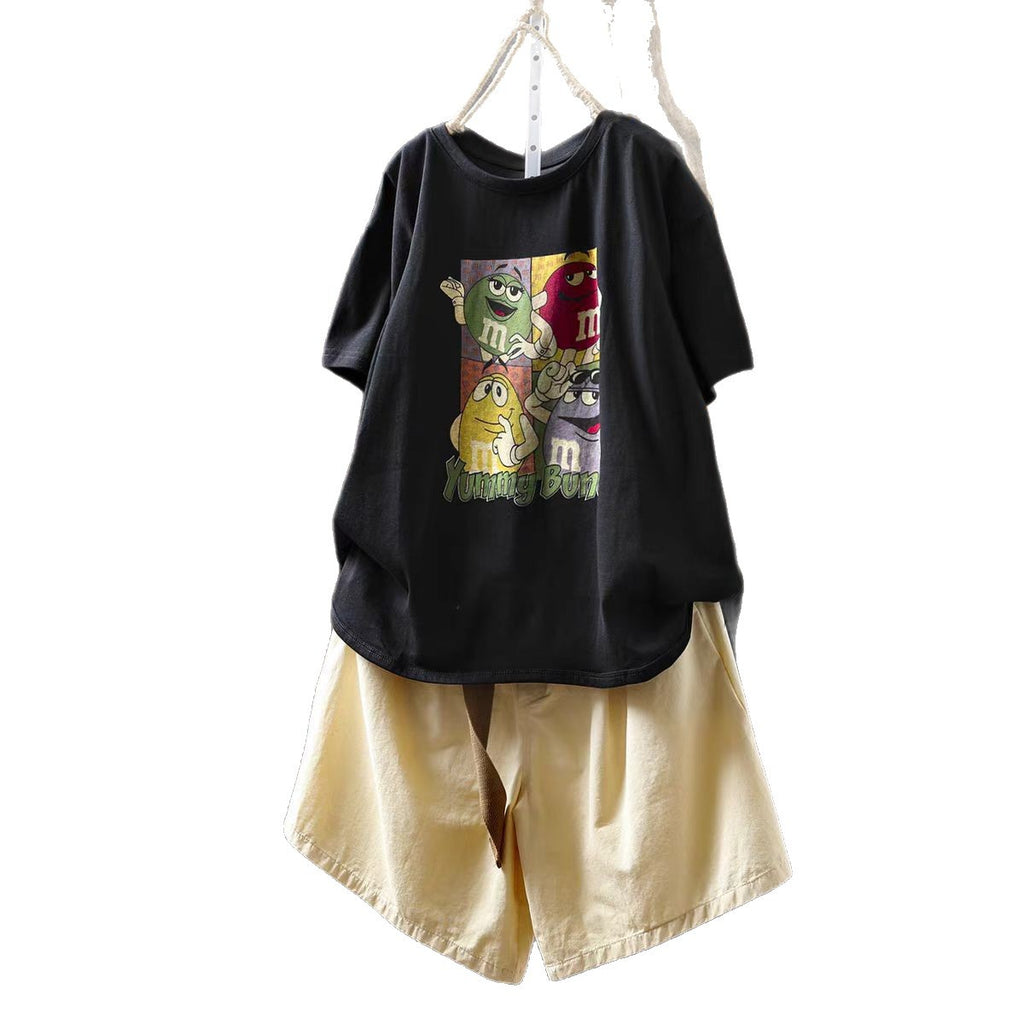 Cartoon Print White Cotton Short Sleeve Women's T-Shirt New Loose Plus Size Round Neck Slimming Body Covering Pullover Top