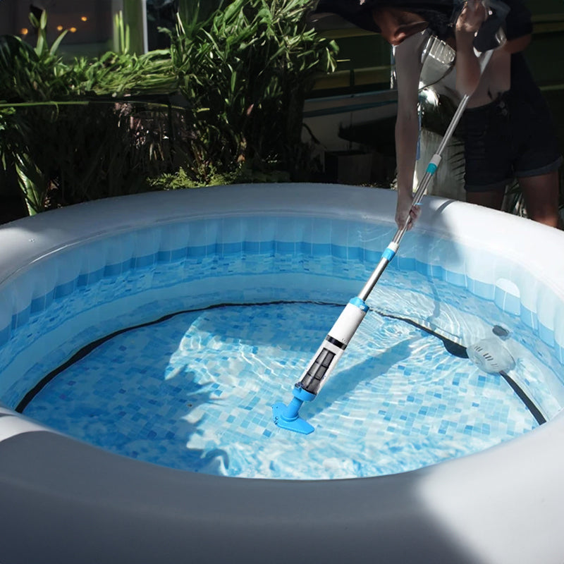 Rechargeable hand pool vacuum for spas/hot tubs/small pools, with auto immersion detector & bristle nozzle.