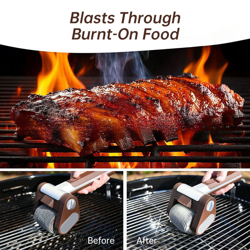Rechargeable electric roller grill brush, stainless steel, replaceable heads, home cleaning tool, barbecue accessory.