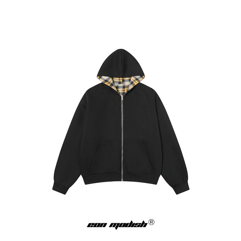 Modish Street Style Yellow Plaid Two-Way Wearing Zip-Up Hoodie Sweatshirt