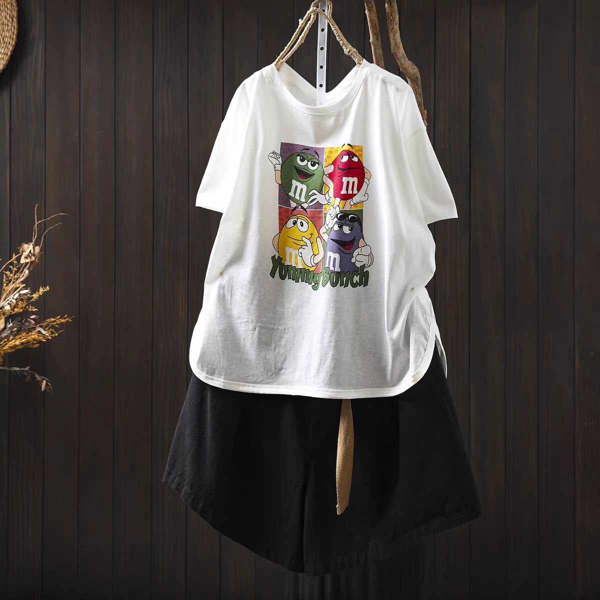 Cartoon Print White Cotton Short Sleeve Women's T-Shirt New Loose Plus Size Round Neck Slimming Body Covering Pullover Top