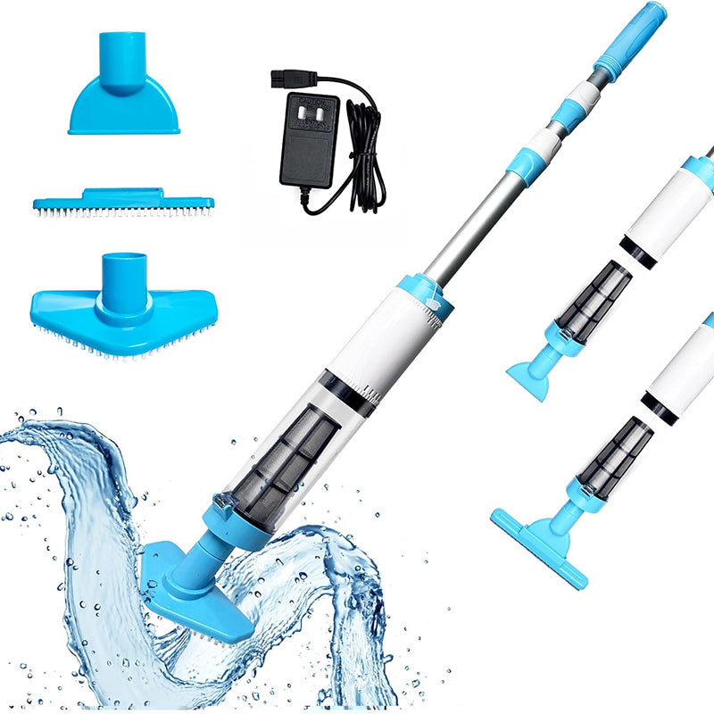 Rechargeable hand pool vacuum for spas/hot tubs/small pools, with auto immersion detector & bristle nozzle.