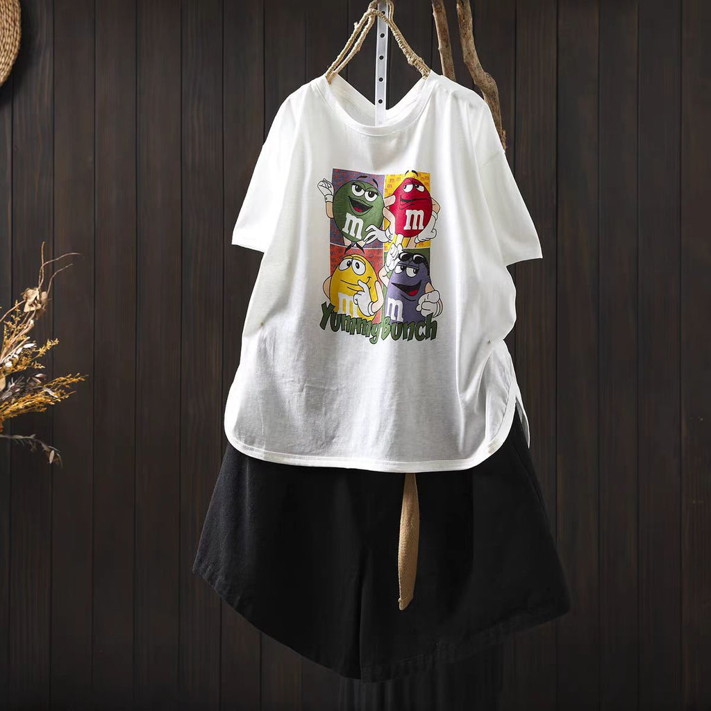 Cartoon Print White Cotton Short Sleeve Women's T-Shirt New Loose Plus Size Round Neck Slimming Body Covering Pullover Top