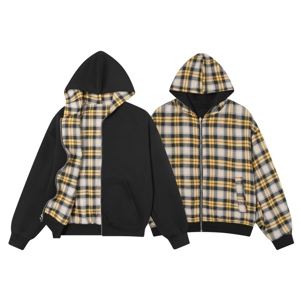 Modish Street Style Yellow Plaid Two-Way Wearing Zip-Up Hoodie Sweatshirt